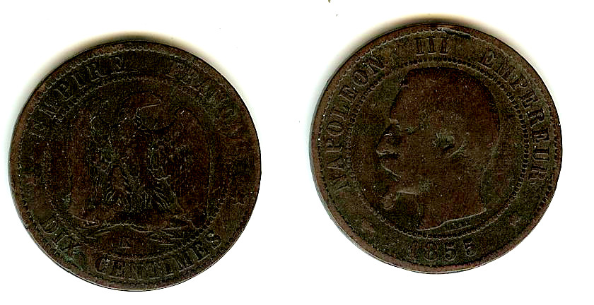 Dix centimes Napoléon III, tête nue 1855 Bordeaux TB